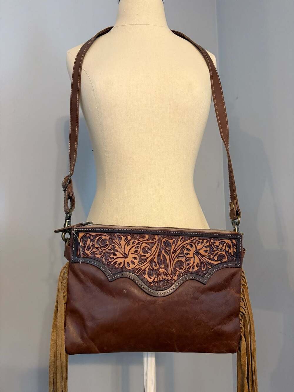 Myra Bag Brown Tooled Leather Crossbody Fringe Bag